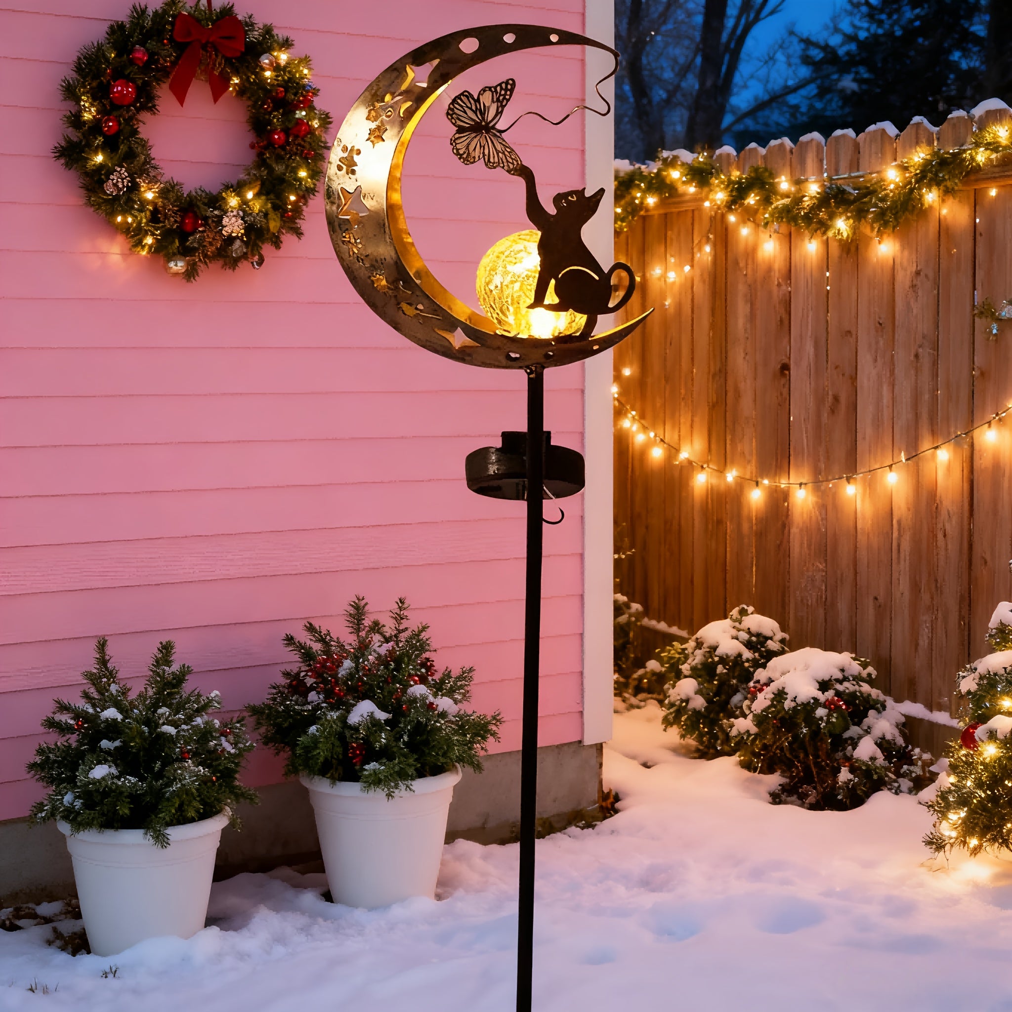 IP65 Solar Cat and Butterfly Outdoor Decorative Light, Solar Garden Metal Decorative Light, Solar Light Holiday Outdoor Display Lighting, Solar Garden Light, Solar Landscape Decoration, Suitable for Garden, Courtyard, Path, Gazebo