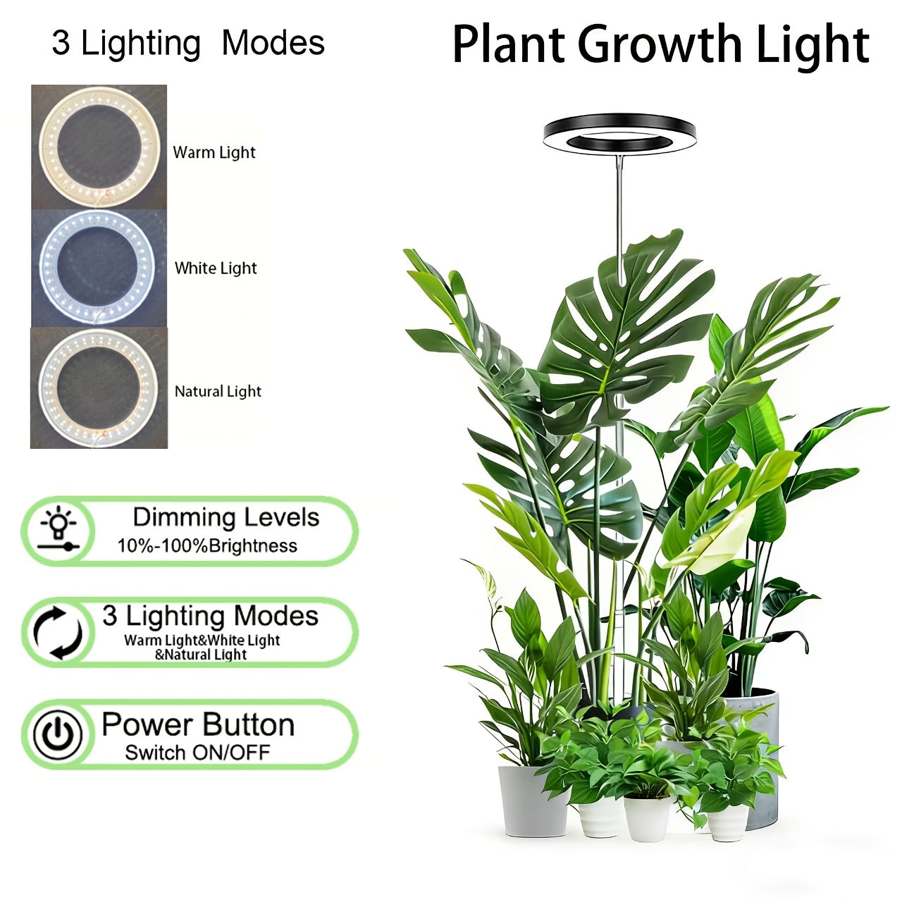 Large Head LED Grow Light, 15.5cm/6.1inch Diameter, USB Powered, Dual Color Temperature, Multi-Light Mode & Brightness Adjustable, Ideal for Indoor Large Potted Plant Lighting
