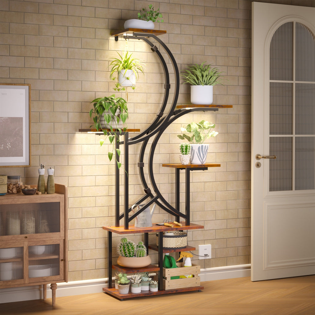 Indoor Plant Stand with Grow Light, 6/7-Tier Multi-layer Large Polygonal Metal Curved Display Shelf, Ideal for Balcony, Home Decor and Christmas Decoration