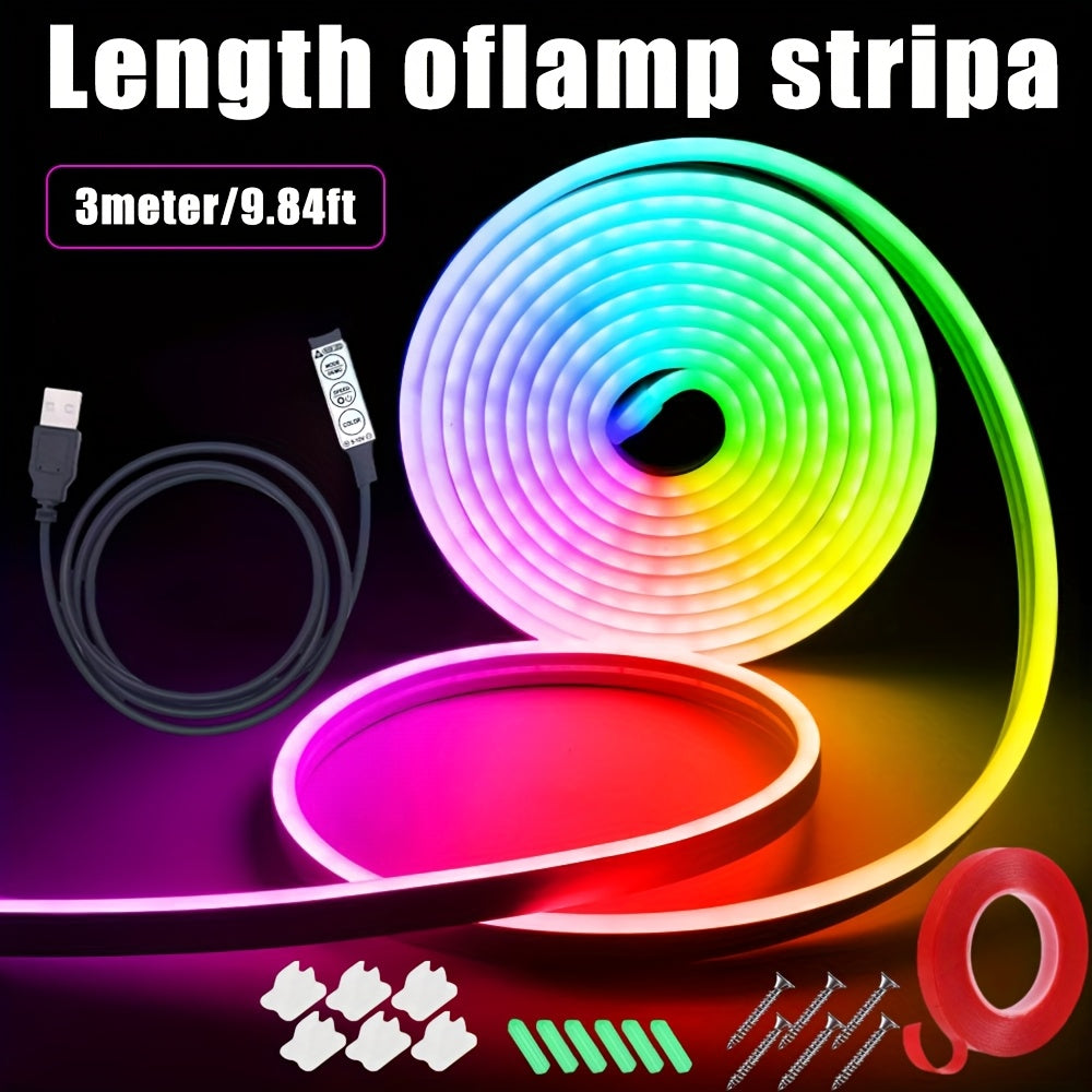 5V USB RGB霓虹LED灯带 39.37英寸/118.11英寸/196.85英寸 可弯曲夜光灯，三键遥控，多色调亮度可调，USB供电，适用于卧室、客厅、圣诞节、派对、婚礼、家庭装饰及咖啡馆内饰照明