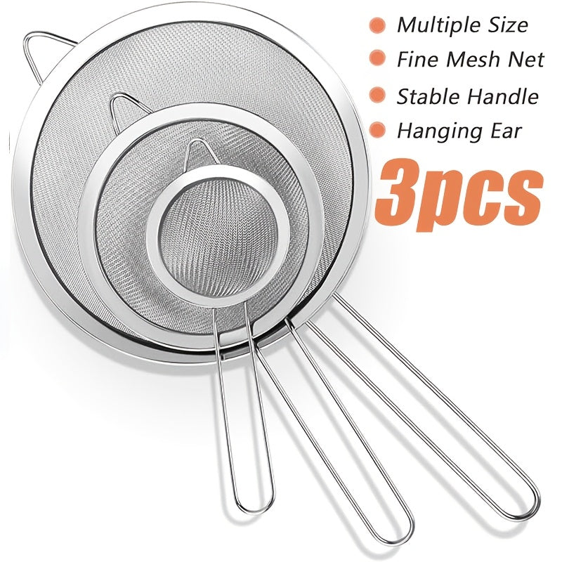 3Pcs Stainless Steel Fine Mesh Strainer Set, Precision Sieve for Juice, Flour, Pasta, Fruits and Vegetables, Effectively Separate Snack Oil, Essential Kitchen Baking Tool with 3 Sizes for Multi-purpose Use