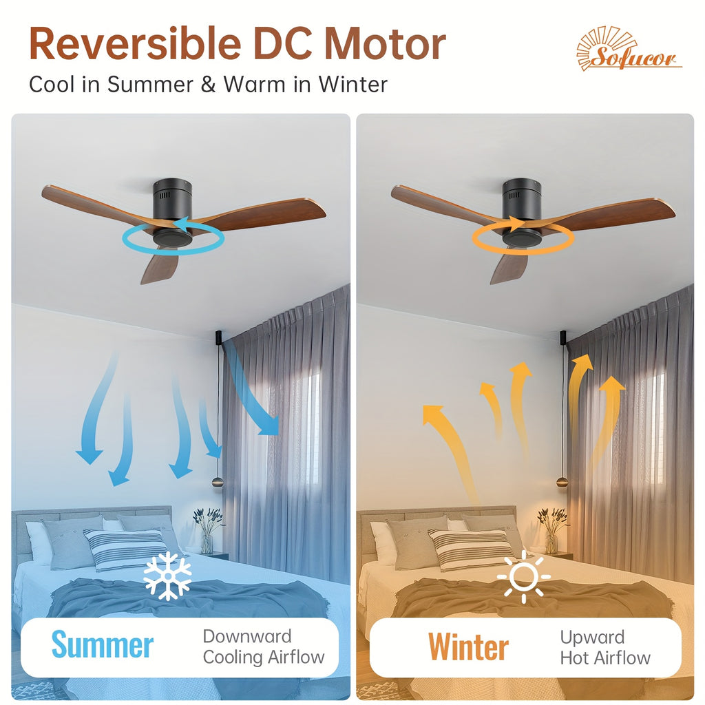 Sofucor 1pc 52" Flush Mount Ceiling Fan, Low Profile Ceiling Fan with Remote Control, Outdoor Ceiling Fan with 3 Double-Sided Walnut Blades, Noiseless DC Motor