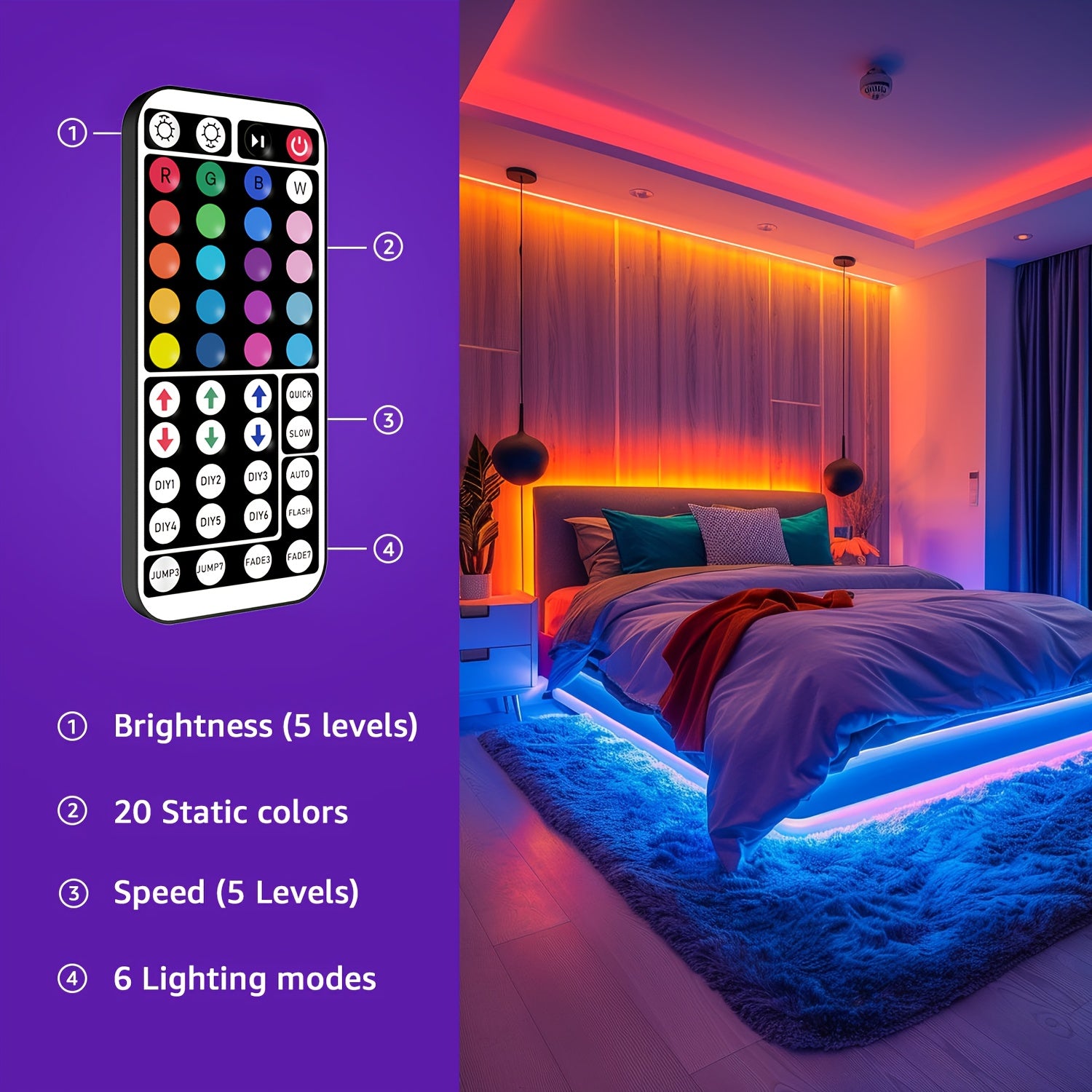 NBBUFF 卧室 LED 灯条，39.37英寸-1181.1英寸，RGB 灯带，带 44 键遥控器，颜色可调，USB 供电，适用于床头客厅，节日礼物，游戏派对装饰灯，电视背景灯，万圣节，婚礼酒吧装饰