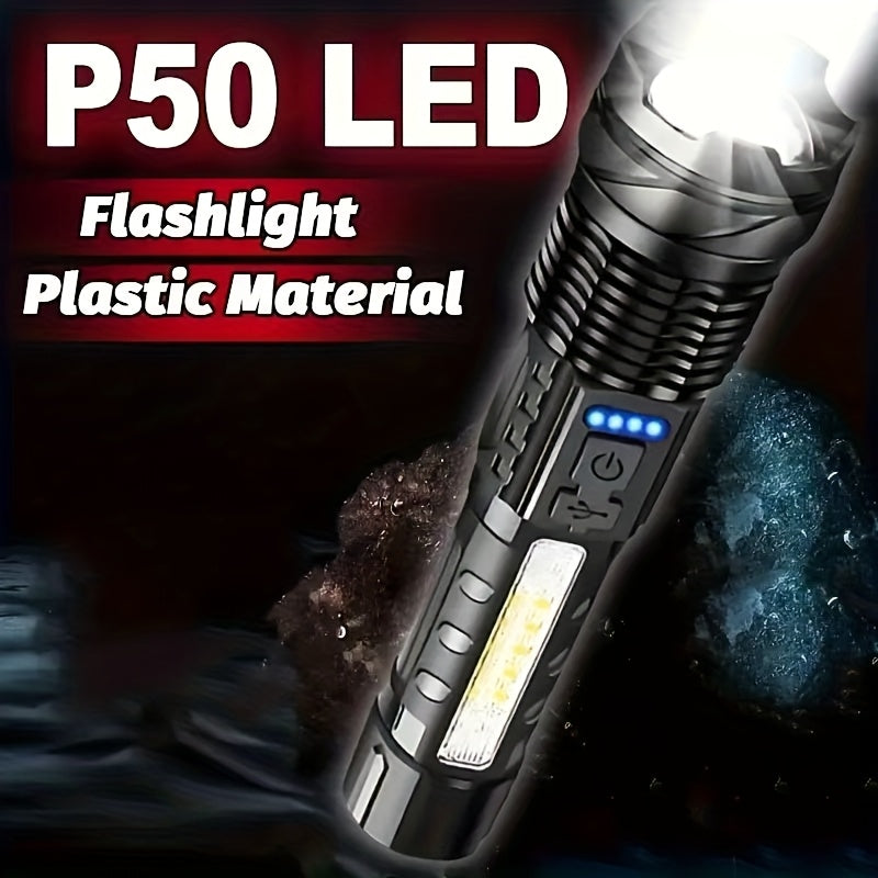 Set of 2 Rechargeable LED Flashlights, COB Floodlight, Powerful USB Charging, Matte ABS Material. They Deliver 150-350 Lumens Brightness, Battery-Powered with Lithium Battery, Perfect for Outdoor Activities Like Camping