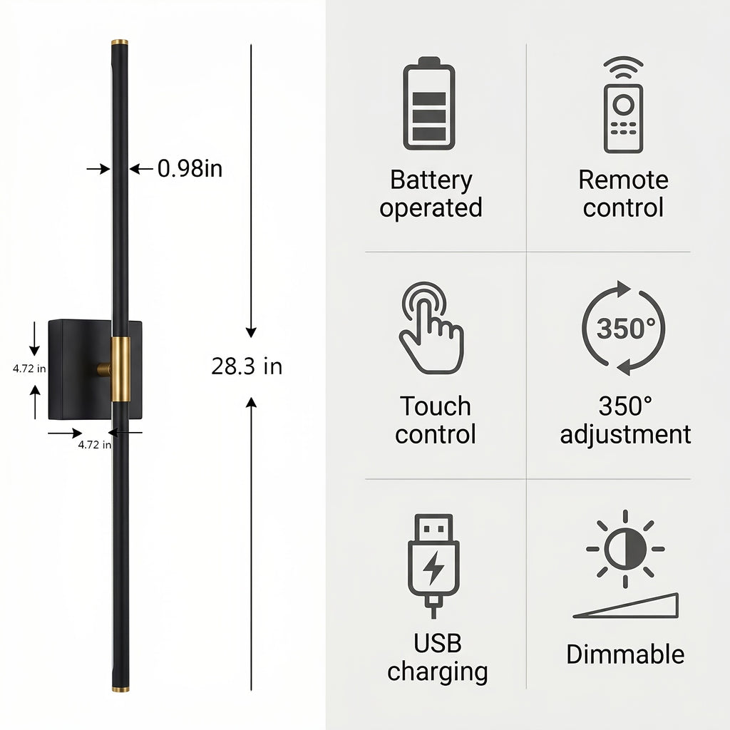 Battery Operated Wall Light Set, 2-Pack, Wireless Rechargeable Wall Light with Remote Control, 350° Rotation, 3000K/4000K/6500K Dimmable Battery Wall Light, Suitable for Living Room, Bedroom, 28.3 Inches