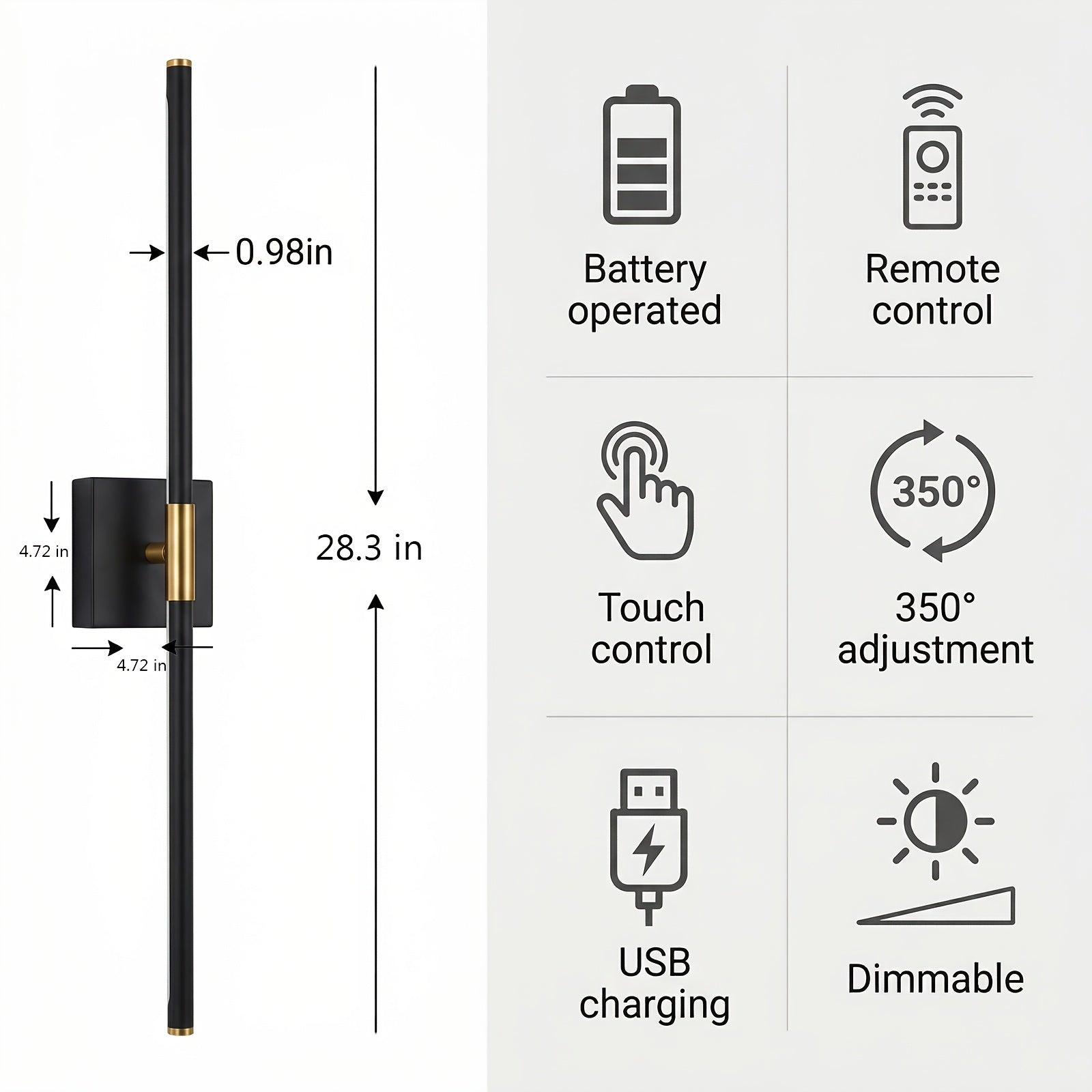 Battery Operated Wall Light Set, 2-Pack, Wireless Rechargeable Wall Light with Remote Control, 350° Rotation, 3000K/4000K/6500K Dimmable Battery Wall Light, Suitable for Living Room, Bedroom, 28.3 Inches