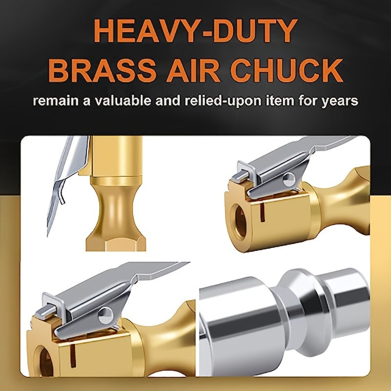 1pc Heavy Duty Locking Tire Inflator Chuck – Brass Construction with Quick-Connect Clip, Golden Finish & American NPT Thread, for Fast Airflow