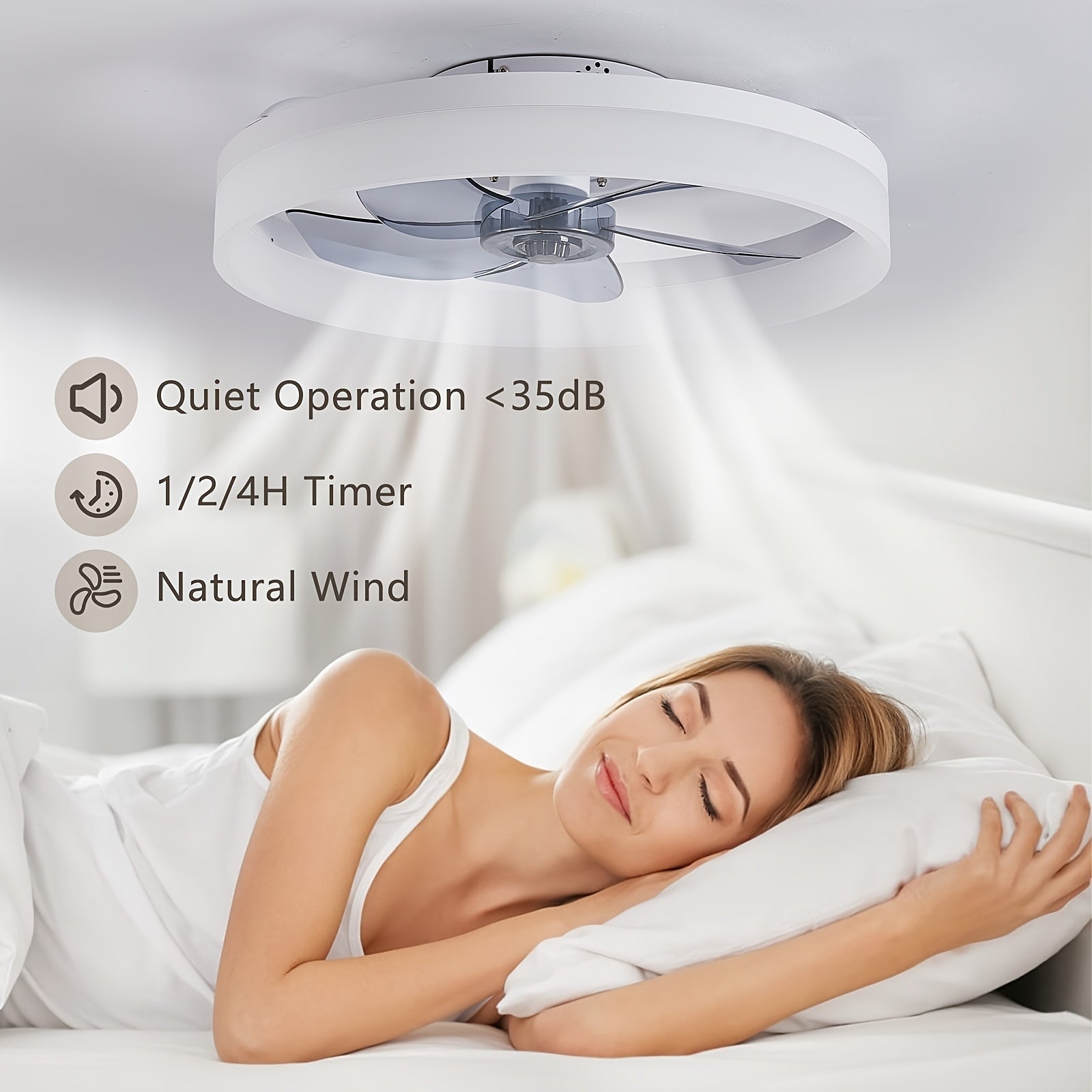 Ceiling Fan with Light & Remote, 19.7" Modern Low-Profile Ceiling Fan, Gradient Color Temperature & 6 Speeds, Flush Mount Ceiling Fan for Bedroom Kids Room (White)