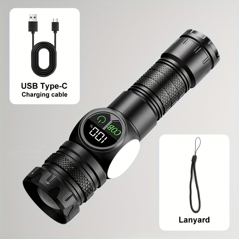Super Bright USB Rechargeable LED Flashlight, Magnetic Base, 5 Lighting Modes, Digital Display, Type-C Fast Charging, Perfect for Outdoor Activities, Emergencies and Camping