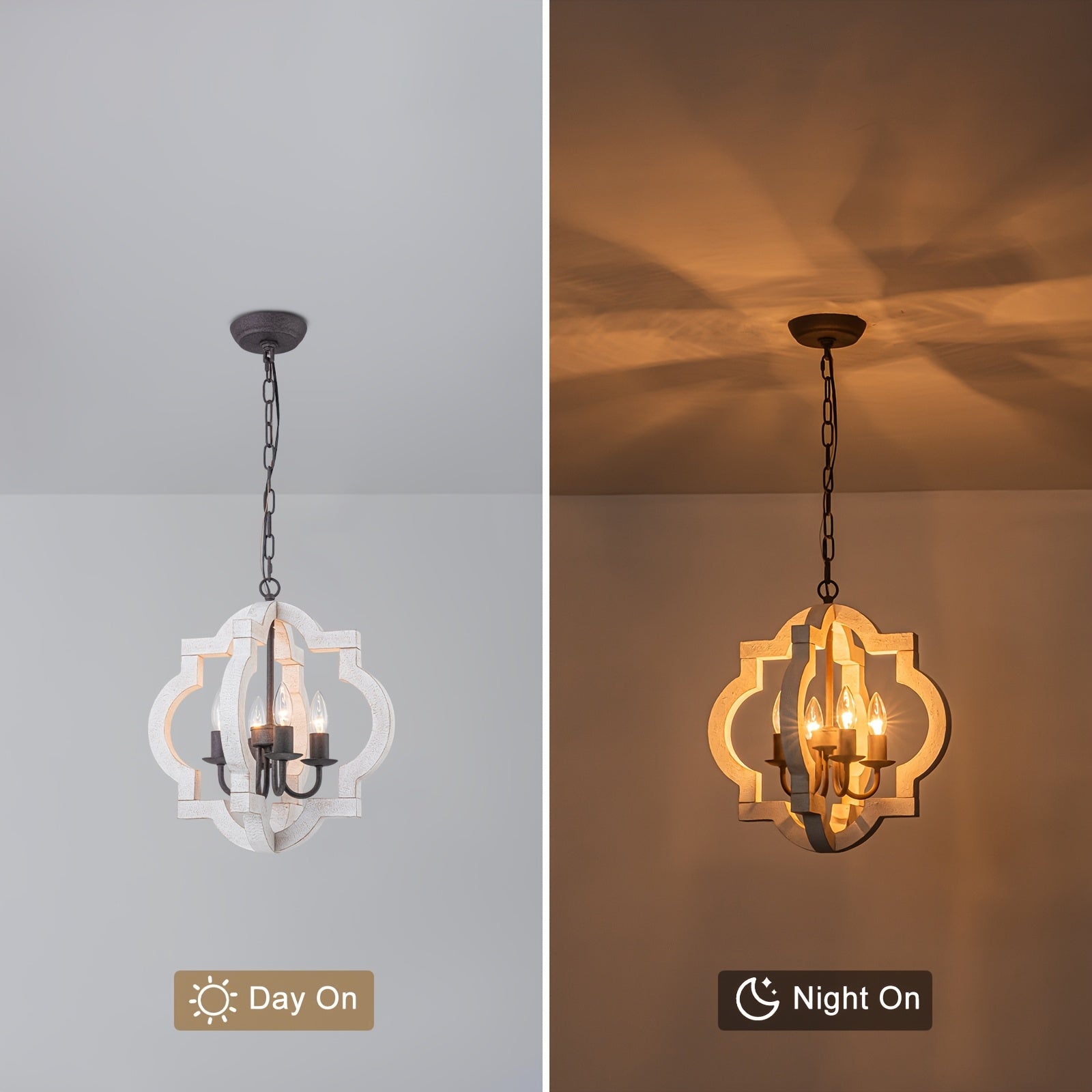 16" oak farmhouse pendant light | faux aged white wood chandelier, suitable for dining room, kitchen, living room, bedroom, entryway, foyer | semi-flush mount installation, polished metal lamp head, E12 bulb base, hardwired, MENCOLULU brand