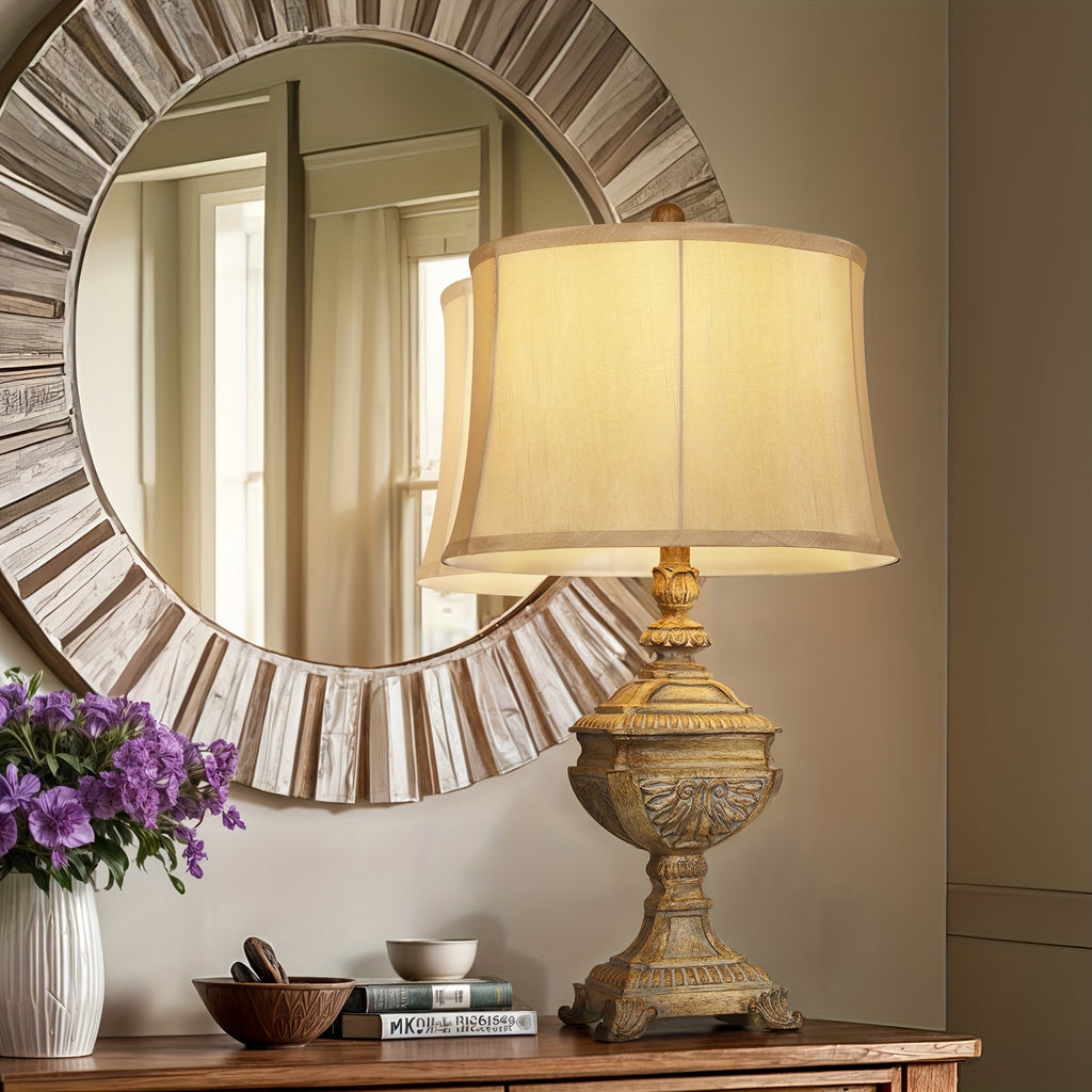 27-inch vintage brown resin table lamp with linen lampshade - 9-watt LED bulb, rotary knob control, metal base, suitable for living room and study decoration, traditional style, living room lamp | traditional style lamp