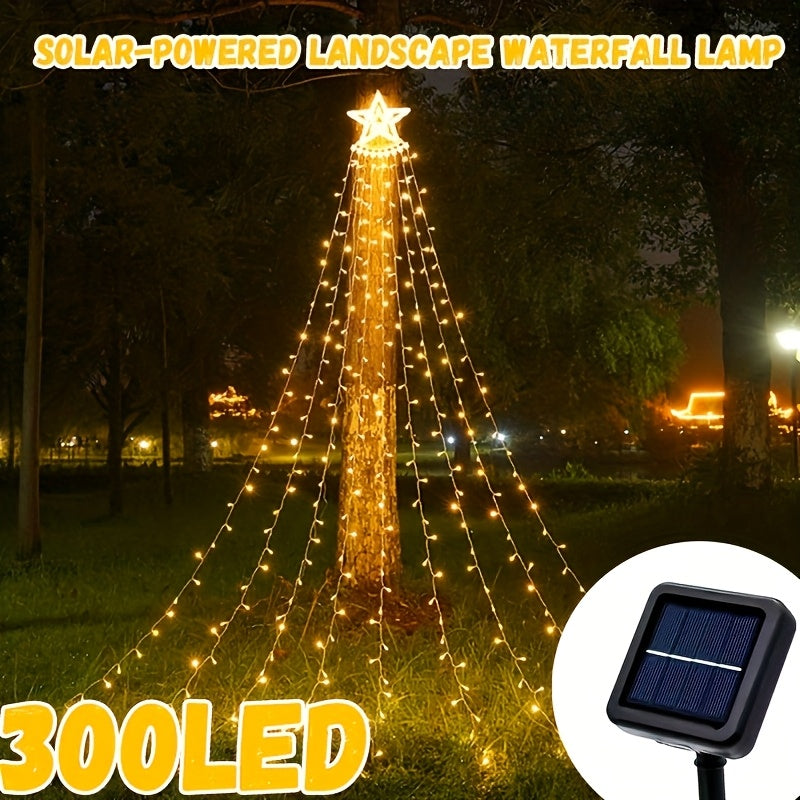 300颗LED圣诞庭院太阳能瀑布灯串，3米圣诞氛围灯，户外圣诞背景装饰，节日灯饰展示，户外灯带，适用于露台、庭院、树木、栅栏、生日派对、婚礼等场景
