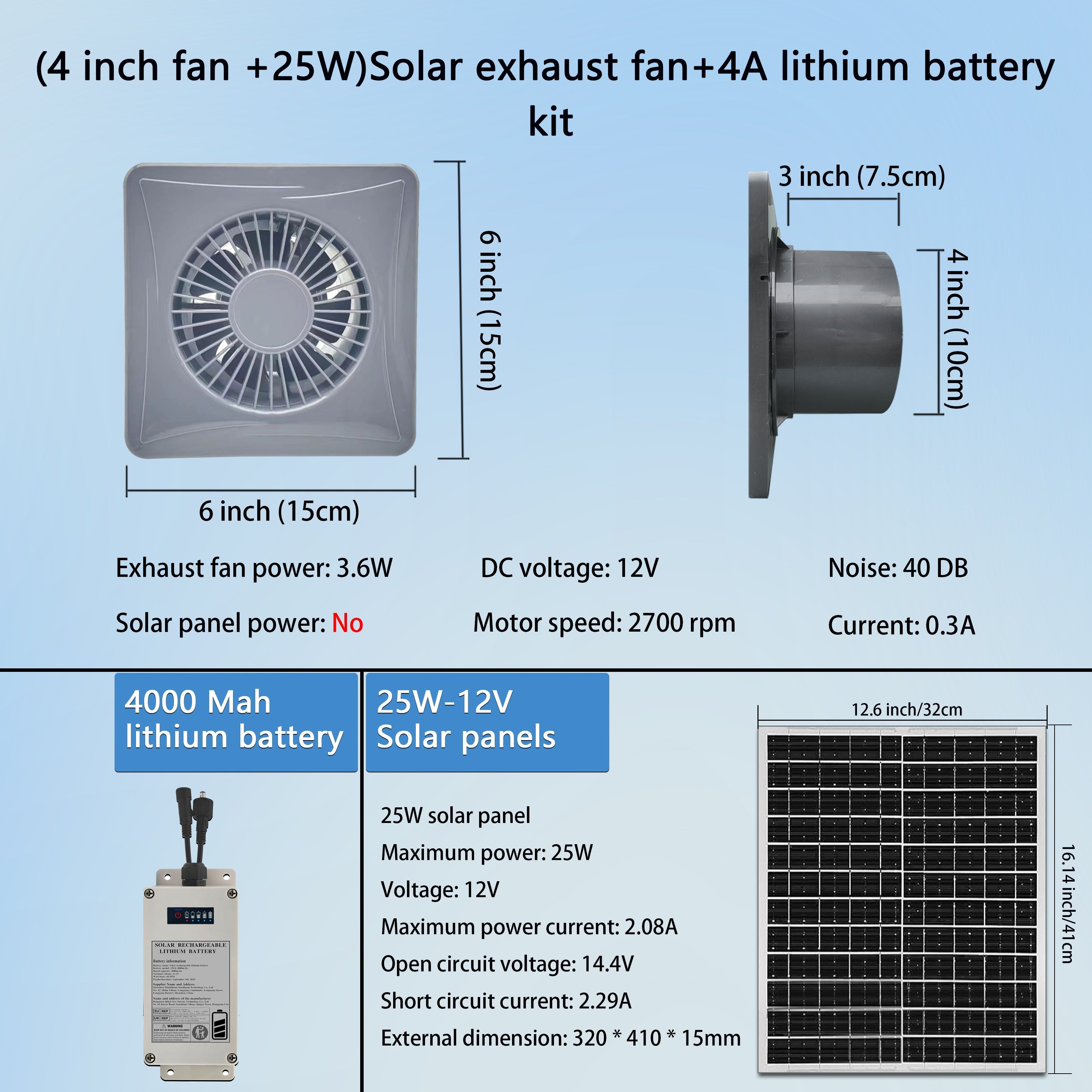 Solar Fan with Battery - 4/6/8 Inch, Gray | Includes 25W Solar Panel and 4000mAh Lithium Battery Kit, Suitable for Greenhouse Cooling, Shed, Chicken Coop and Pet House Ventilation