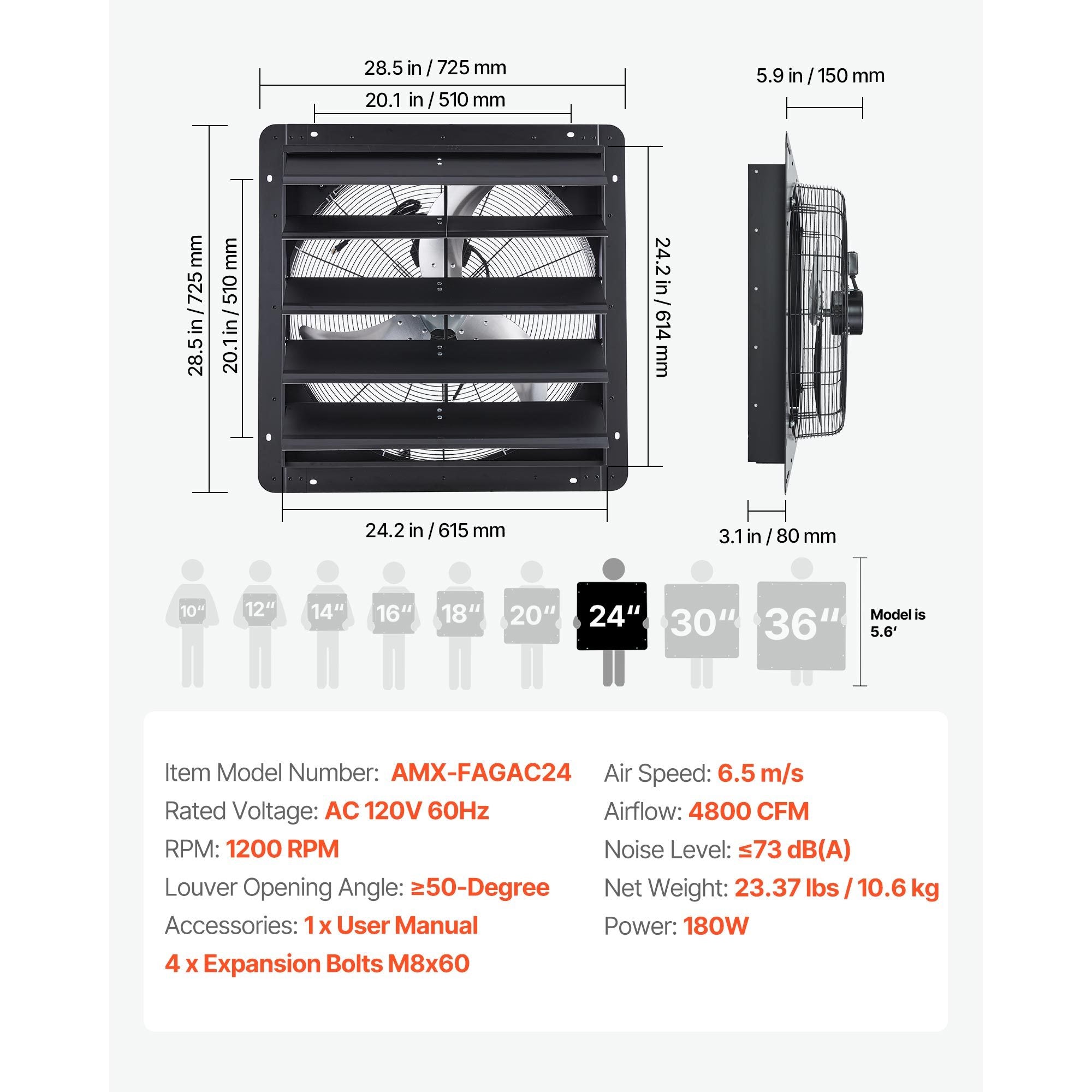 VEVOR 10/12/14/20/24 Inch Window Shutter Exhaust Fan, Wall Mounted Attic Vent Fan with Variable Speed Controller, AC Motor, Heavy Gauge Steel, Low Noise, Black, Ideal for Shed Garage Greenhouse Ventilation Cooling