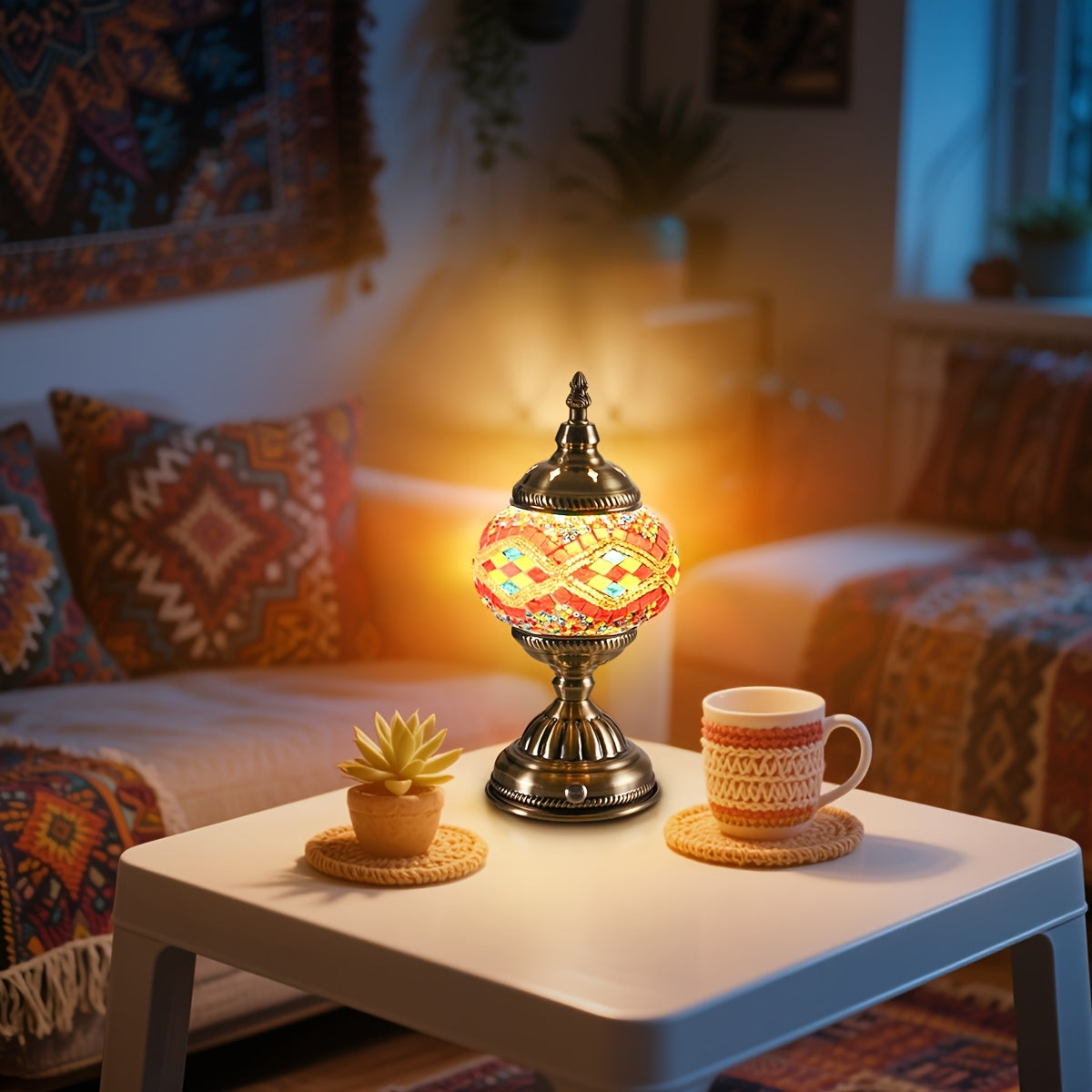 Turkish-Moroccan mosaic rechargeable night light, portable cordless table lamp, 3600mAh rechargeable battery, bohemian stained glass, handmade decorative light for bedroom, dining room, living room, office, holiday gift