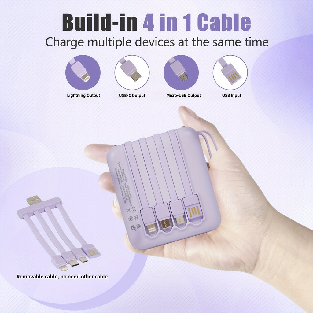 「10000mAh 大容量小尺寸，超大功率！這款迷你行動電源內建四合一多功能充電線，支援 5W/15W/22.5W 超級快充，非常適合旅行商務時使用，隨時保持您的裝置電量充足。」