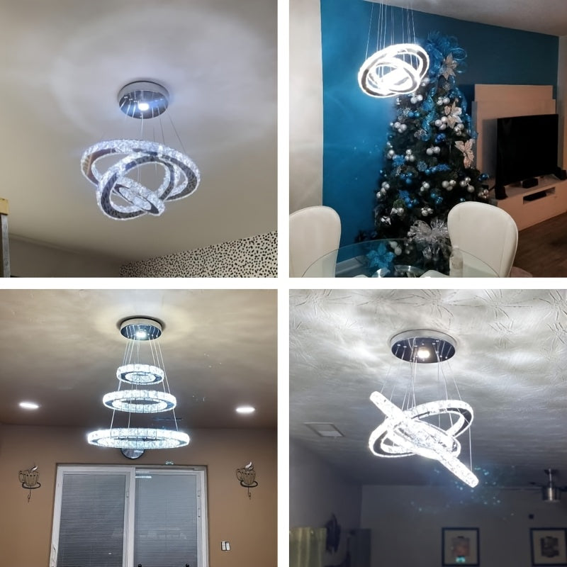 Crystal Chandelier LED Square Ring Pendant Light, Height-Adjustable Chandelier Lamp (Cool White)