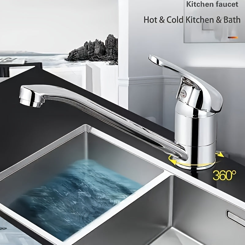 1x Stylish 304 Stainless Steel Faucet - 360° Swivel, Hot & Cold Water Mixer for Kitchen & Bathroom Sink - Chrome Finish, Ceramic Cartridge Water-Saving, Easy Install