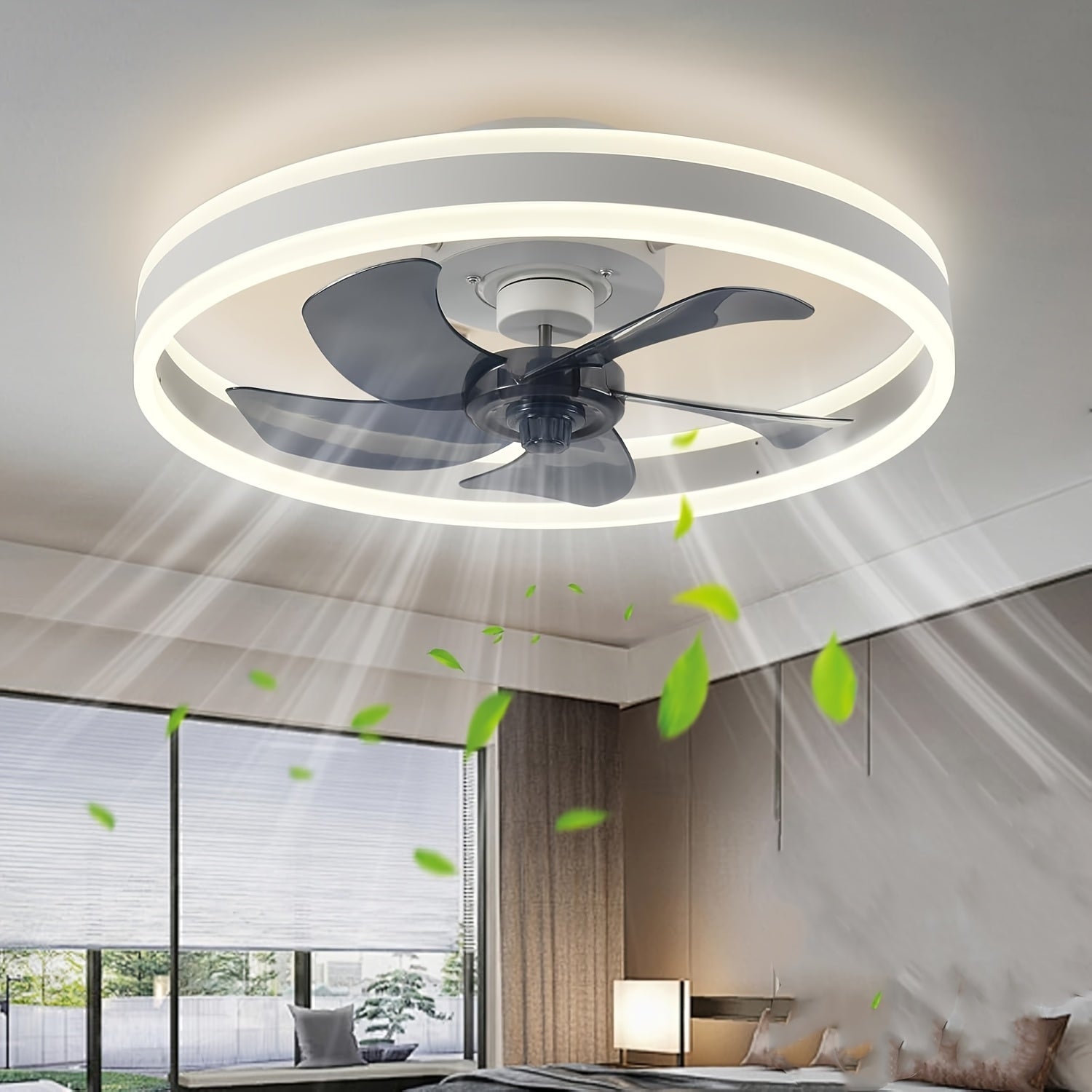 Remote Control Ceiling Fan with Light, 19.7 Inch Slim Flush Mount Fan, 3000-6000K Dimmable Modern Recessed LED Light, 6 Speed Levels, Black Ceiling Fan Lamp, Ideal for Bedroom Kids Room Living Room (Black)