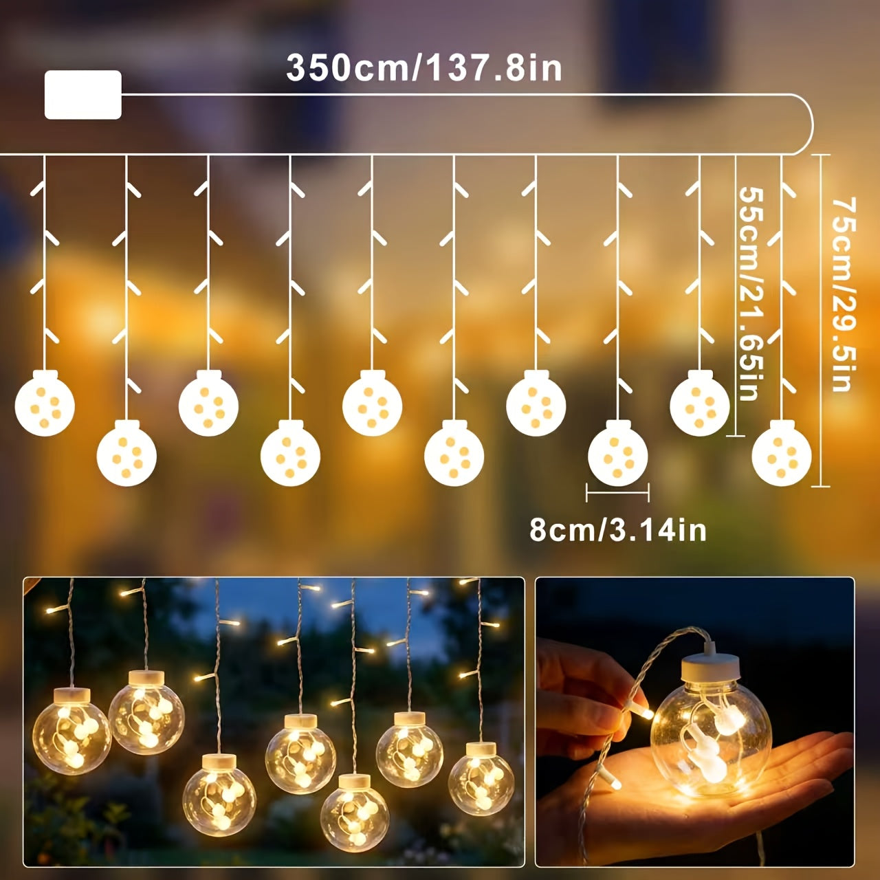 LED 聖誕節假日裝飾燈 137.79 英吋，2026 新款，8 種燈光模式，12 個願望球，USB 插電供電，適用於家庭聚會、臥室、節慶派對、室內節慶裝飾燈氣氛道具