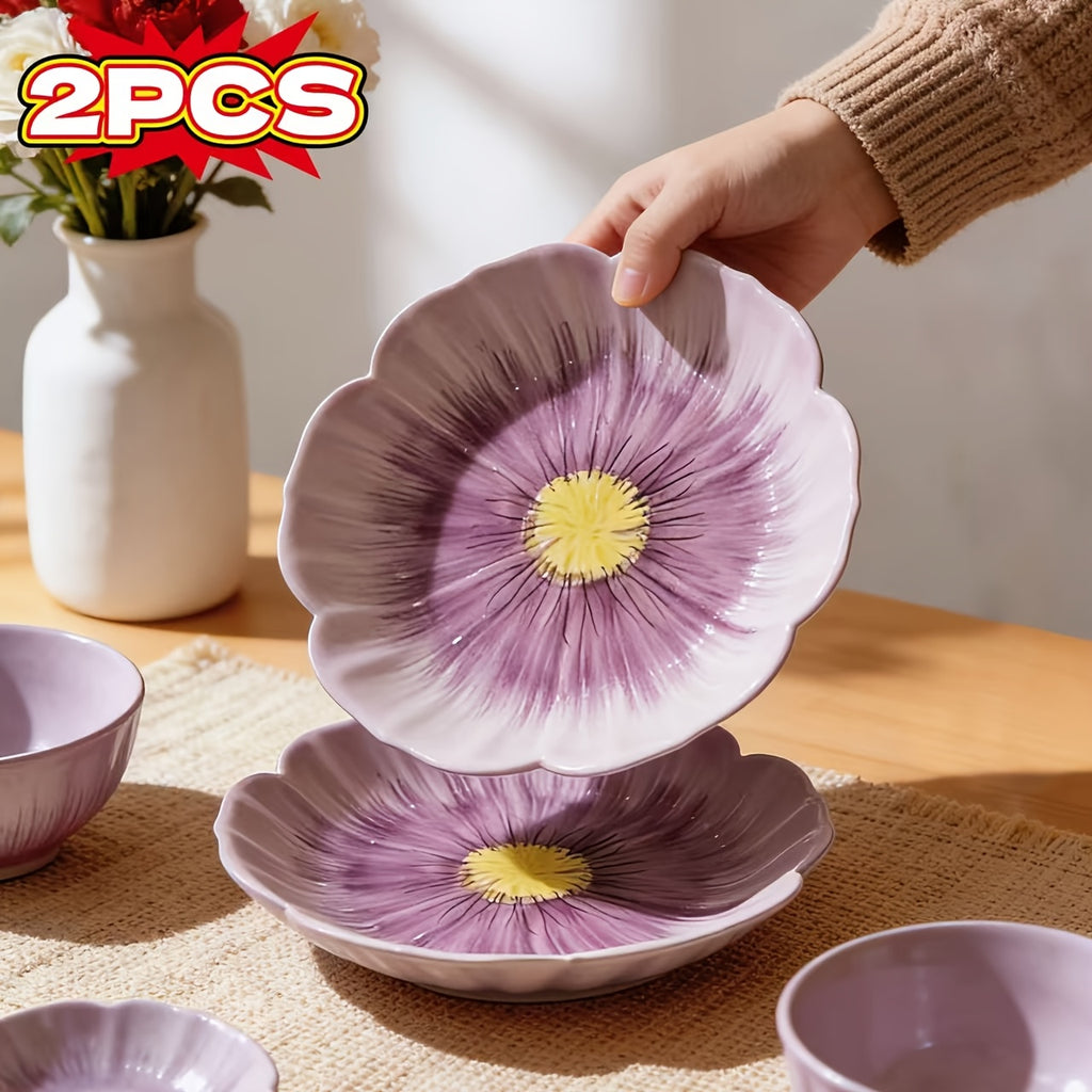 2PCS Set, New Purple Flower Bud Ceramic Dinnerware – Steak Plate, Pasta Plate – Perfect for Restaurant & Home Use – Novel Floral Pattern Plate, Fruit Salad Bowl, Exquisite Personalized Tableware, Fine Kitchen Dinnerware, Gift