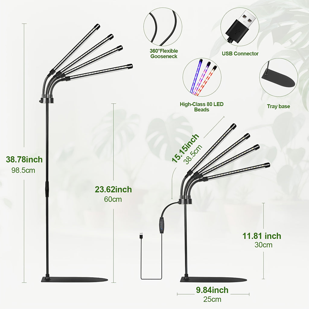4-Head Plant Grow Light with Base, White & Warm White Spectrum for Indoor Plants, 10 Brightness Levels, 3/9/12H Timer, 3 Switch Modes, Adjustable Gooseneck, Ideal for All Kinds of Indoor Plant Growth