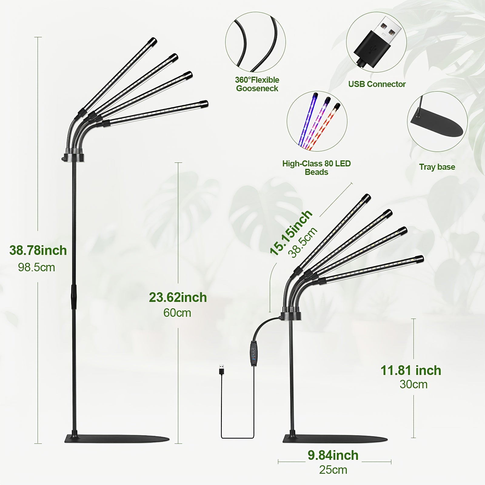 4-Head Plant Grow Light with Base, White & Warm White Spectrum for Indoor Plants, 10 Brightness Levels, 3/9/12H Timer, 3 Switch Modes, Adjustable Gooseneck, Ideal for All Kinds of Indoor Plant Growth