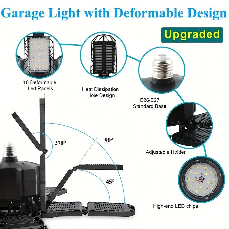 LED Ten-Leaf Folding Garage Light - High Power Ultra-Bright Ceiling/Wall Light, Removable Blades, Wide Voltage (110-240V), Compatible with Emergency Backup, Semi-Flush/Flush Mount Installation, Suitable for Garage