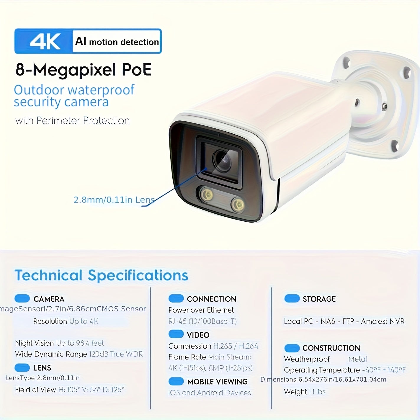 4K PoE IP安全摄像头，户外子弹头摄像头，2.8mm彩色夜视AI智能检测，内置麦克风监控摄像头，圣诞家庭安全系统监控摄像头，IP67金属外壳防损万圣节安全监控。首页和商店室内外安全摄像头