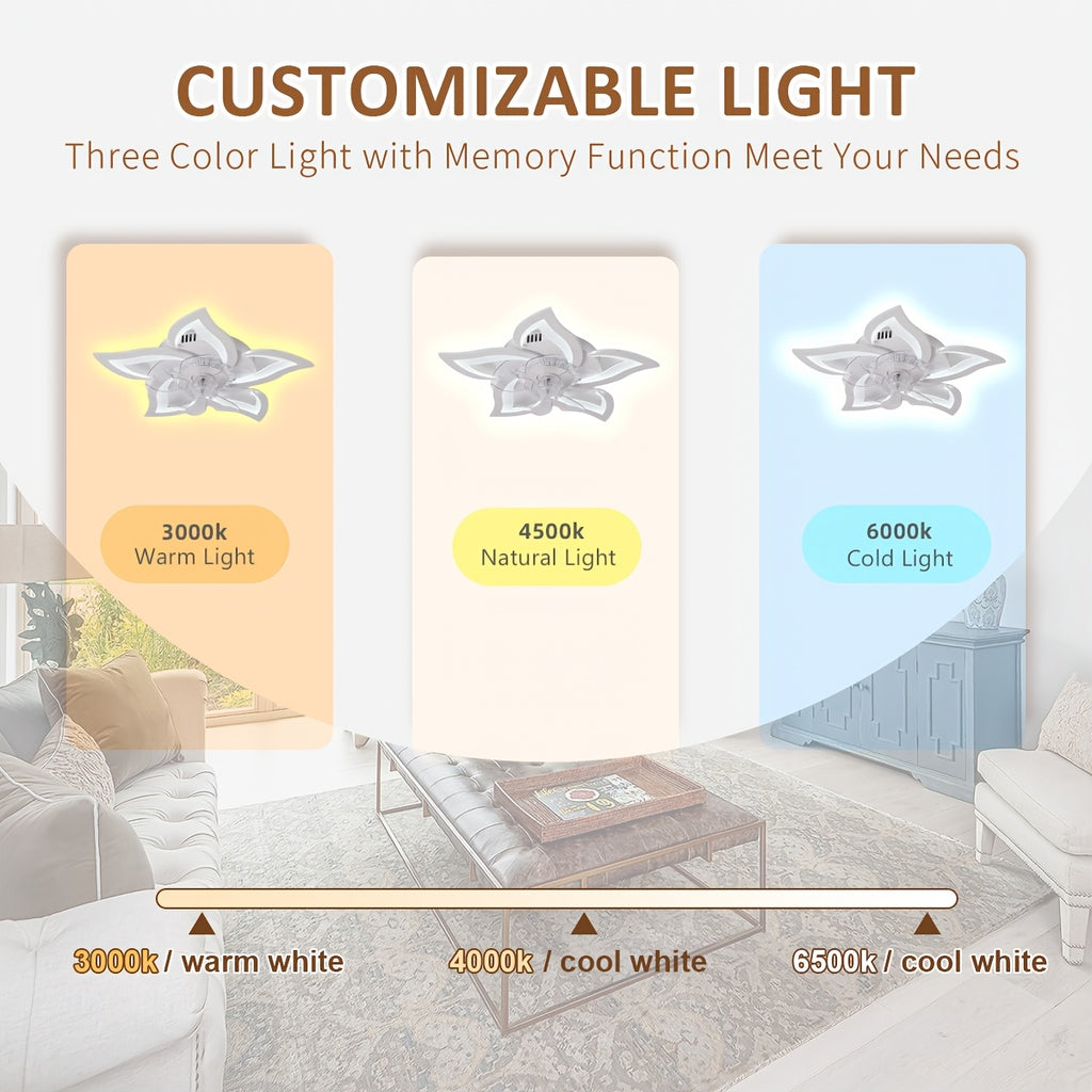Low-Profile Remote Control Ceiling Fan, 3 Color Temperatures & 6 Speed Levels, Flush Mount Light Fixture. This 27-inch Petal-Shaped Modern Ceiling Light is Perfect for Living Room and Bedroom.