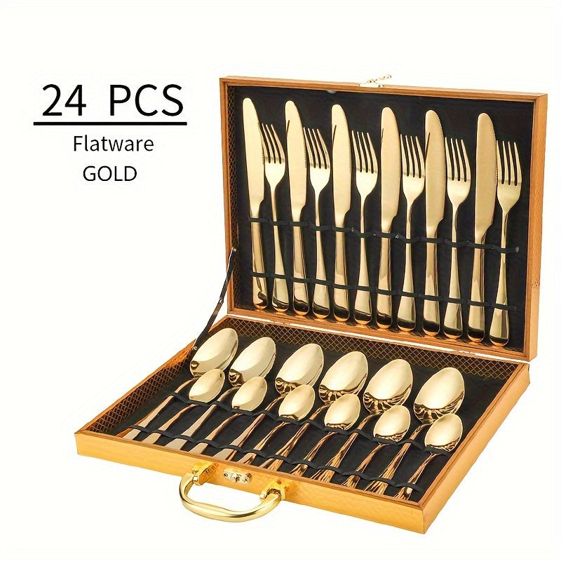 24-Piece Elegant Stainless Steel Black Cutlery Set – Classic 24-Piece Knife, Fork & Spoon Gift Box Set – Mirror Polished 6-Person Gold Cutlery Set with Gift Box Packaging – Dishwasher Safe – Perfect for Weddings, Parties, Restaurants, Hotels