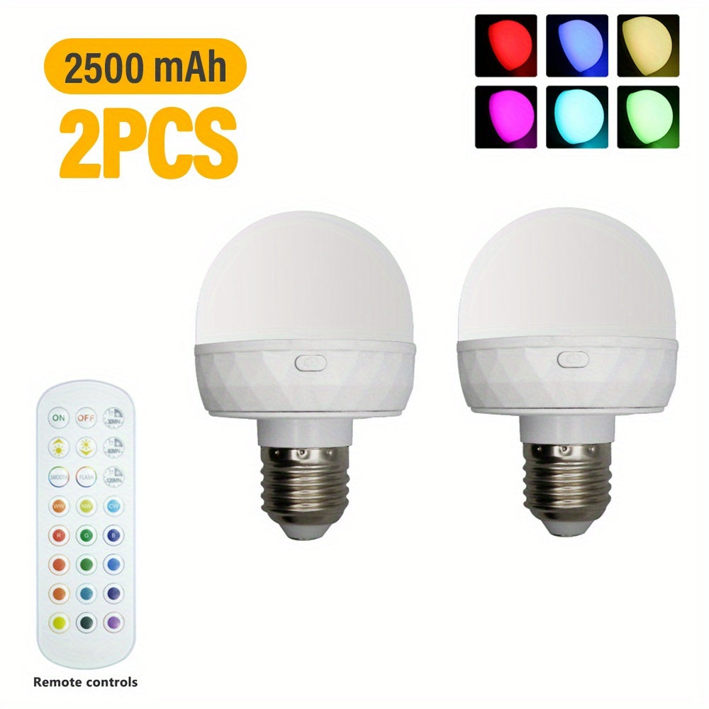 2PCS rechargeable smart RGB light, E26/E27 base bulb, 15 colors, with remote control for adjustable color temperature and brightness LED light, USB rechargeable bulb, suitable for living room, bedroom, chandelier, floor lamp