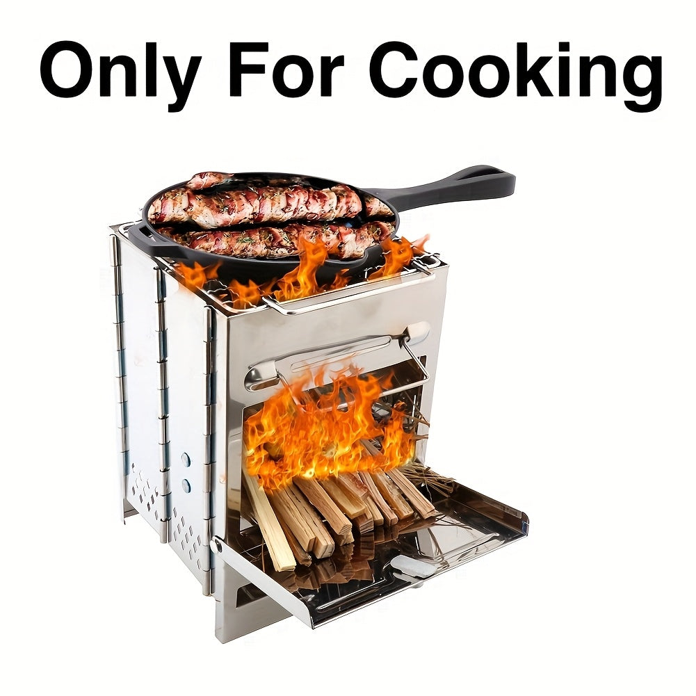 1 Outdoor Mini Wood Stove, Stainless Steel, Ideal for Picnic BBQ & Camping, Includes Storage Bag - Only for Cooking