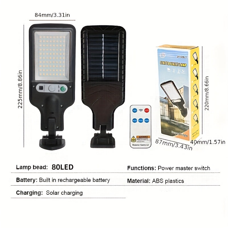 1pc-80LED Solar Sensor Street Light, ABS Material, Ultra-High Power Built-in Rechargeable 18650 Lithium Battery, with Infrared Sensor Function Wall-Mounted Solar Light, Including Motion Sensor 3 Functional Modes