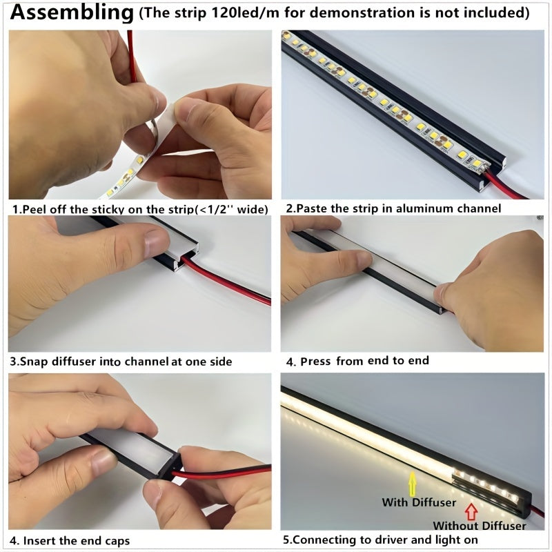 6 件 U 型 LED 灯条，1.65 英尺/50 公分黑色通道，带 UV 扩散器，表面安装，无需电力，多功能照明，营造优雅氛围