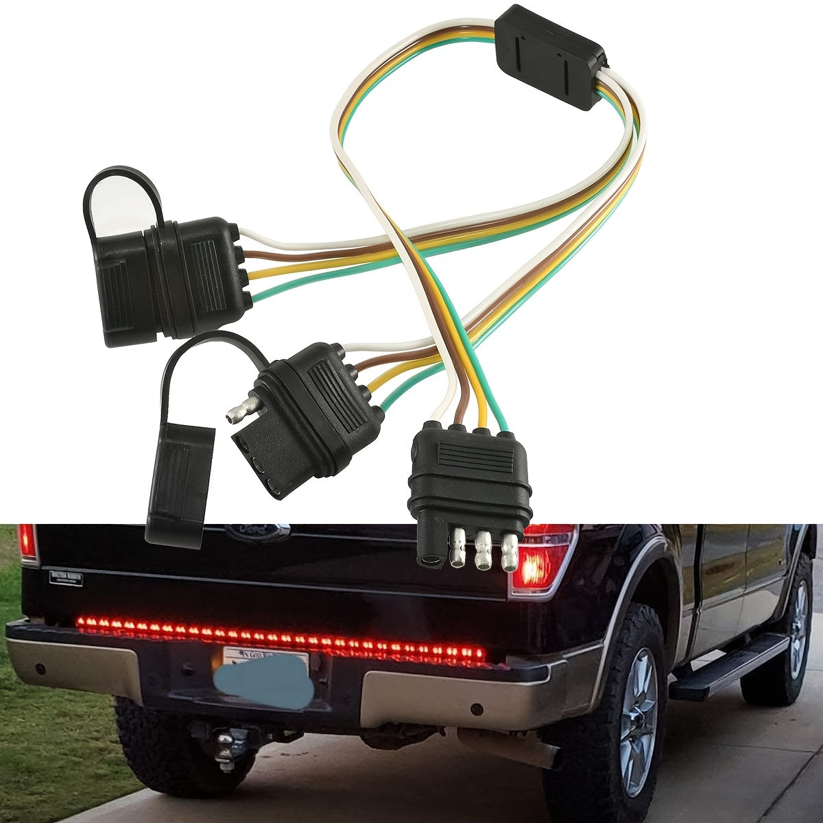 4-Pin Flat Y-Splitter Plug Adapter, 17.5-Inch Trailer Extension Wiring Harness Plug, for LED Tailgate Light Bar and Trailer Lights, US Standard