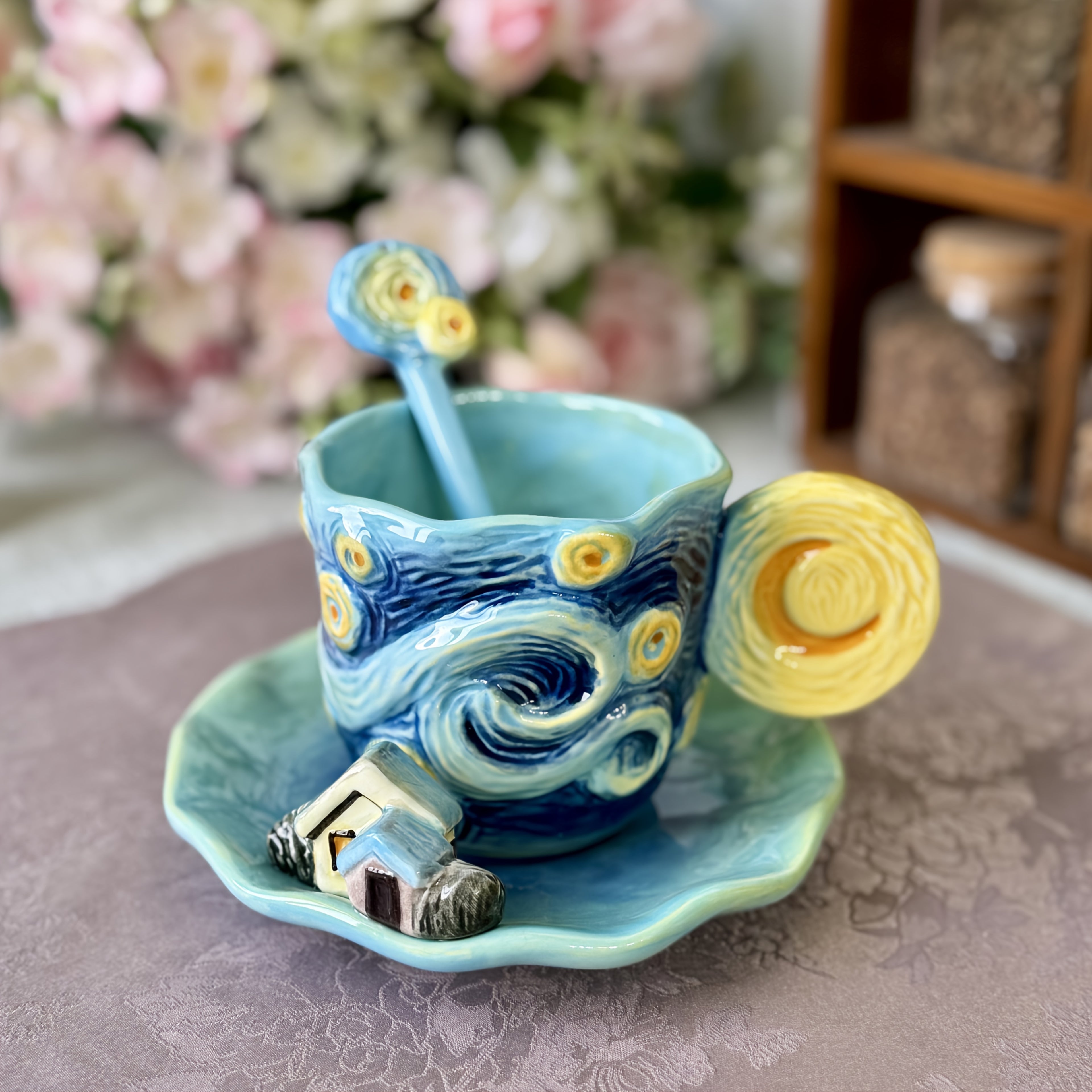 1SET Ceramic Hand-Painted Van Gogh Classic Oil Painting Cup & Saucer Set, 1PCS 3D Handmade Starry Sky, Almond Blossom, Sunflower, Iris Tea Cup & Coffee Cup, 1PCS Round Saucer, 1PCS Spoon, Exquisite Table Décor