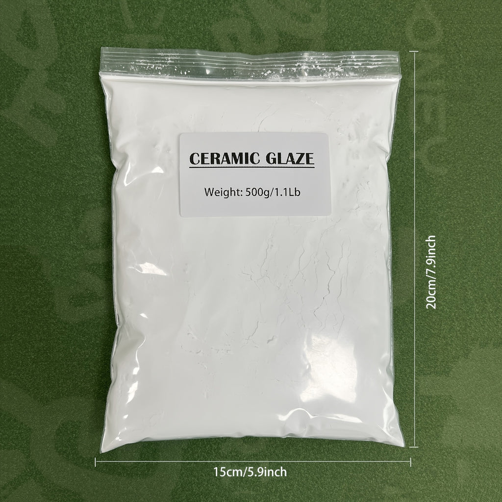 一袋500克低温光泽透明陶瓷釉粉，光泽度超过90%，熔点600-650°C，全融温度950-1050°C。这款低熔釉具有自平整特性，适用于陶器、彩绘瓷砖和DIY手工艺项目