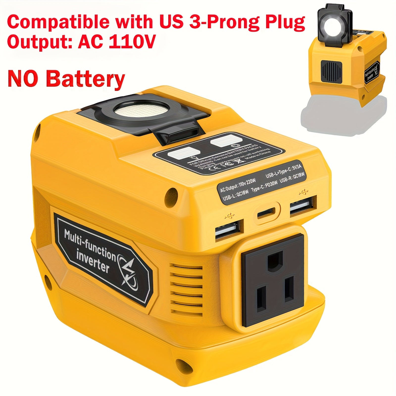 与得伟18V/20V电池兼容的电源逆变器，直流20V转交流110V便携式发电站，配备2个USB接口、1个Type-C接口及1个交流插座，400流明照明灯（不含电池）