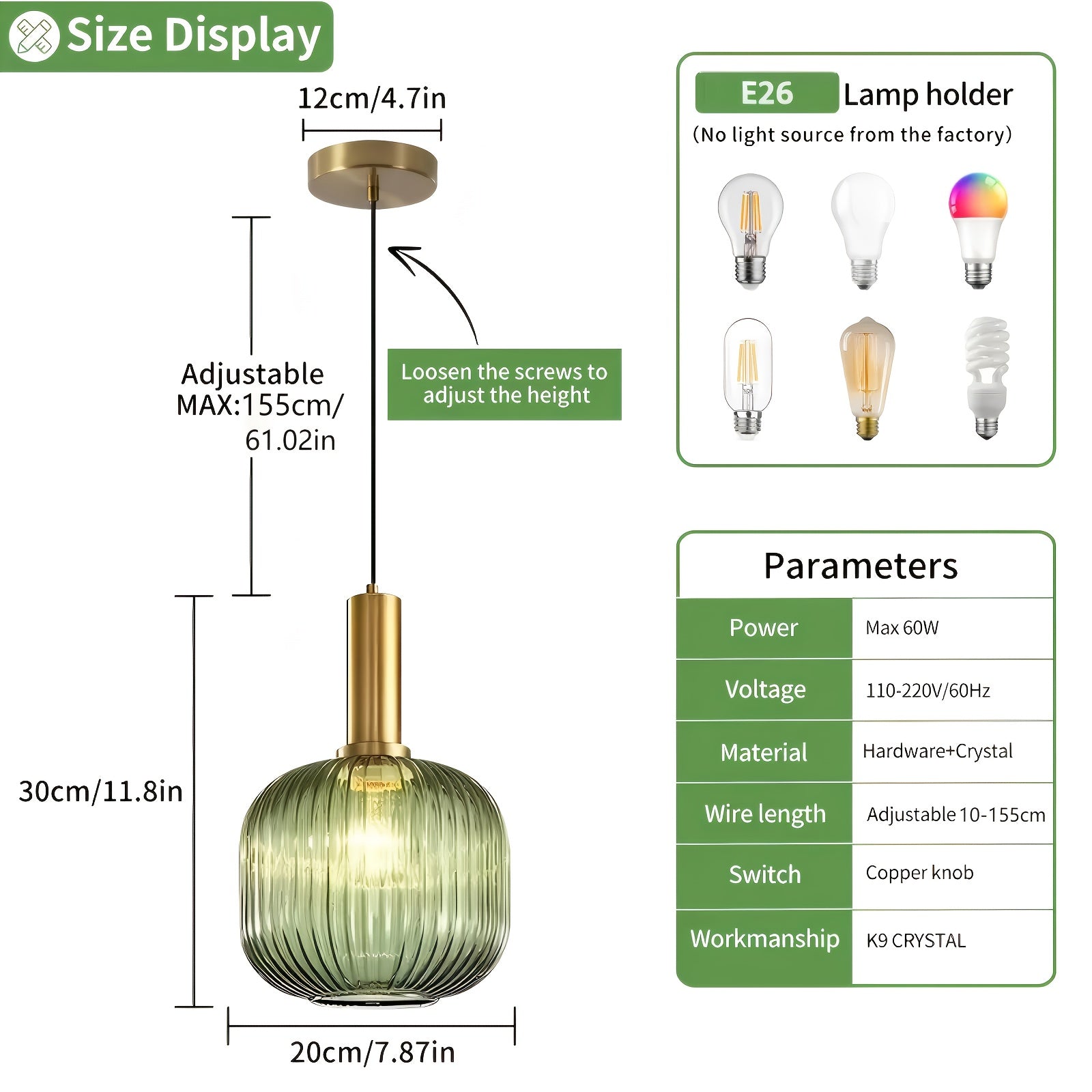 Green/Amber Modern Glass Pendant Light, 1-Light Semi-Flush Mount Ceiling Light, E26 Base Adjustable Globe Pendant Lighting, Dining Room, Kitchen Island, Porch Pendant Light (Bulb Not Included)