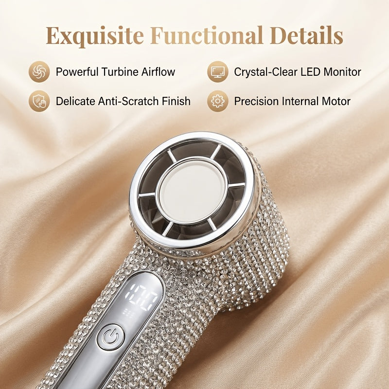 New Rhinestone Turbo High-Speed Handheld Fan, 100-Step Stepless Speed Regulation, Must-Have for Outdoor Travel & Activities, Portable Mini Fan with Strong Wind & Long Battery Life