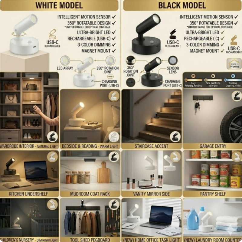 Magnetic rechargeable wall light available in black and white, modern stylish lamp, home decor, suitable for display cabinets, makeup tables, fitting rooms, bedrooms, sleep aid, creating a warm atmosphere.