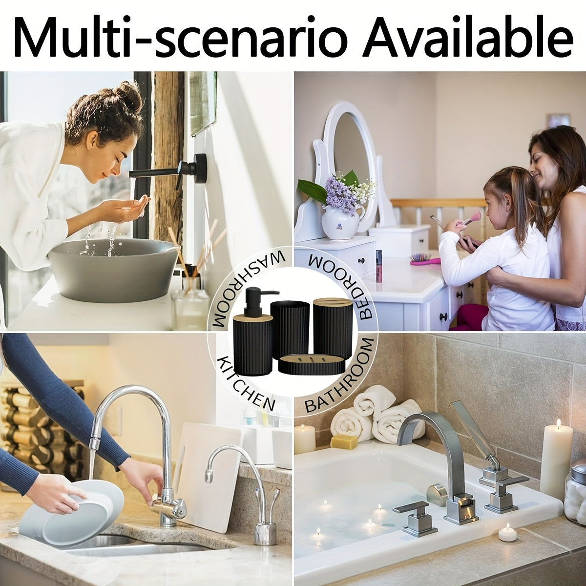 4-Piece Bathroom Accessory Set - Countertop Hand Soap Bottle, Toothbrush Holder, Soap Dish, Bathroom Storage Organizer & Stand