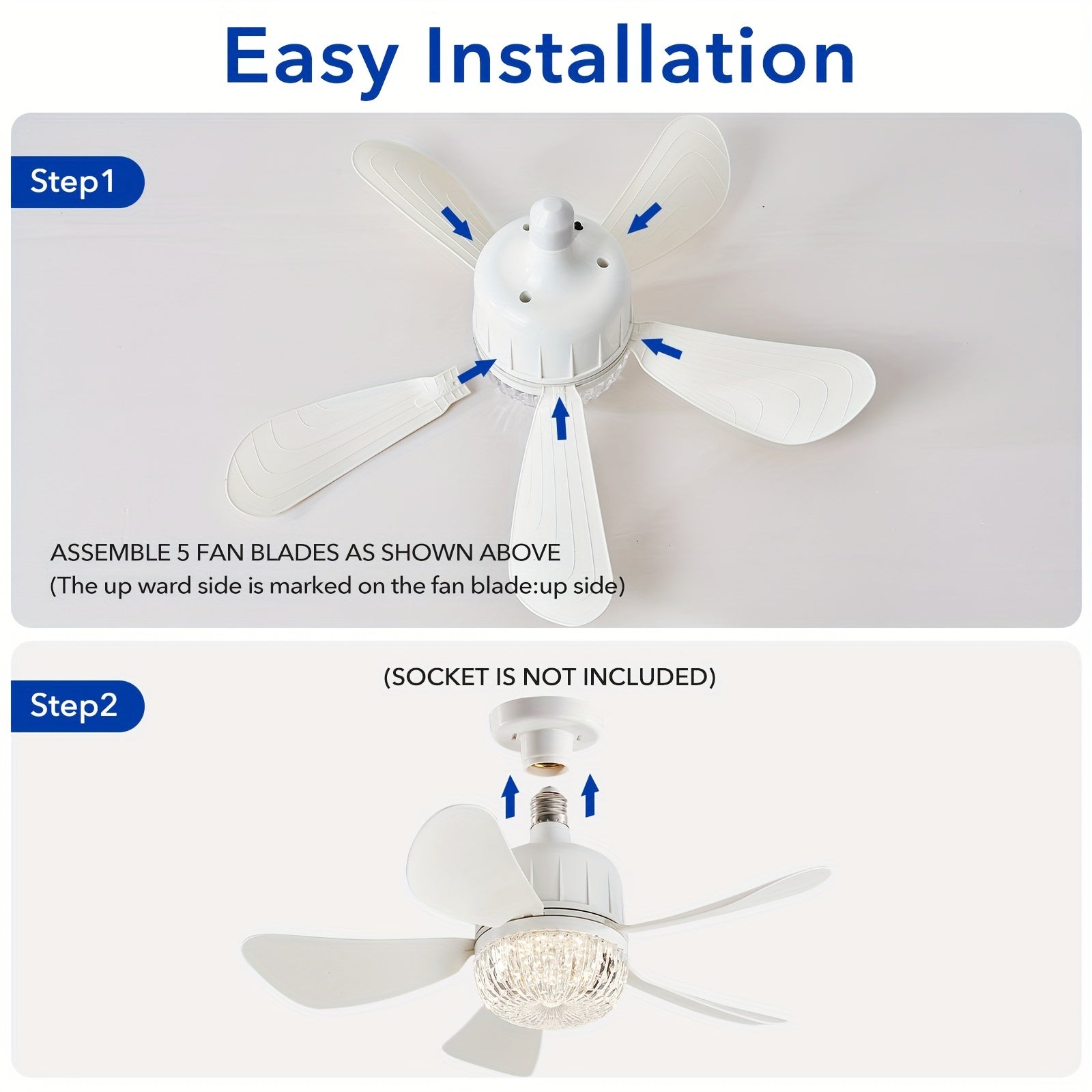 Socket Fan with Light, Screw-In Flush Mount Fan with Light and Remote Control, E26/E27 Easy Install Ceiling Fan, Mini Base Ceiling Fan Bulb Replacement, Dimmable Socket Fan Ceiling Light