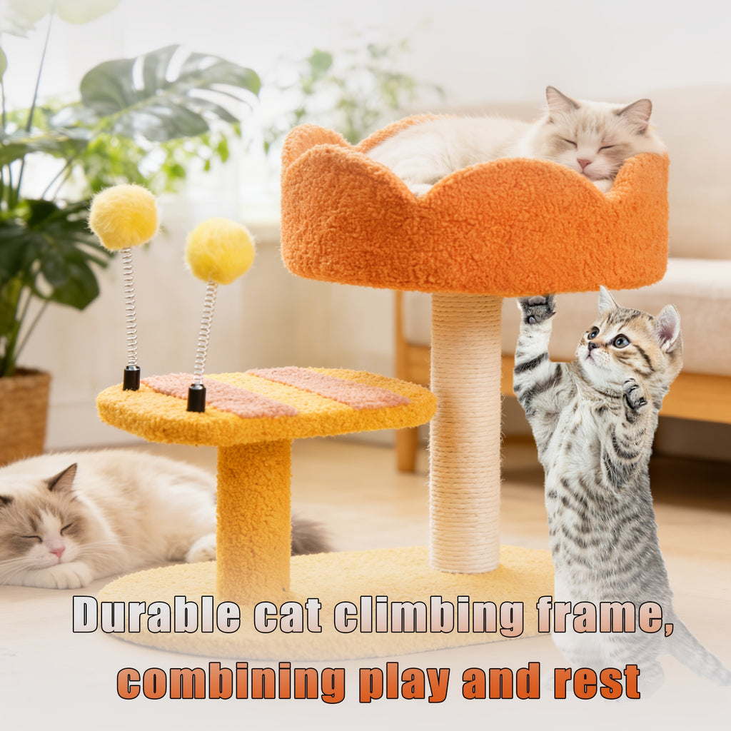 猫树室内攀爬活动塔，蜜蜂猫抓柱，带猫窝的可爱木质小猫公寓，适合中小型猫咪的多层现代活动攀爬家具