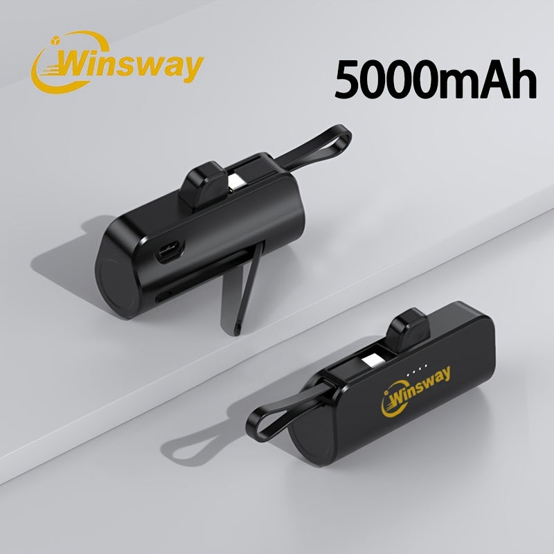 WINSWAY雙口5000毫安膠囊迷你口袋移動電源，便攜快速充電無線手機支架充電器，附Type-C資料線，支援同時為兩部手機充電，相容安卓、三星等裝置，適合旅行、飛機及假日使用。是送給愛美女友的必備好禮