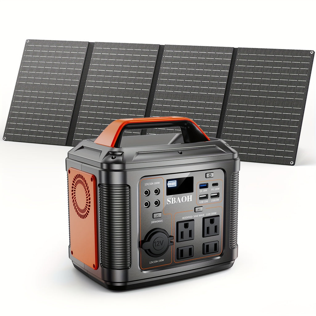 SBAOH 300W行動式發電機 296Wh 8000mAh太陽能發電機及60W太陽能板 帶交流直流輸出/快速充電/手電筒/房車/應急備用/露營功能 橙色款