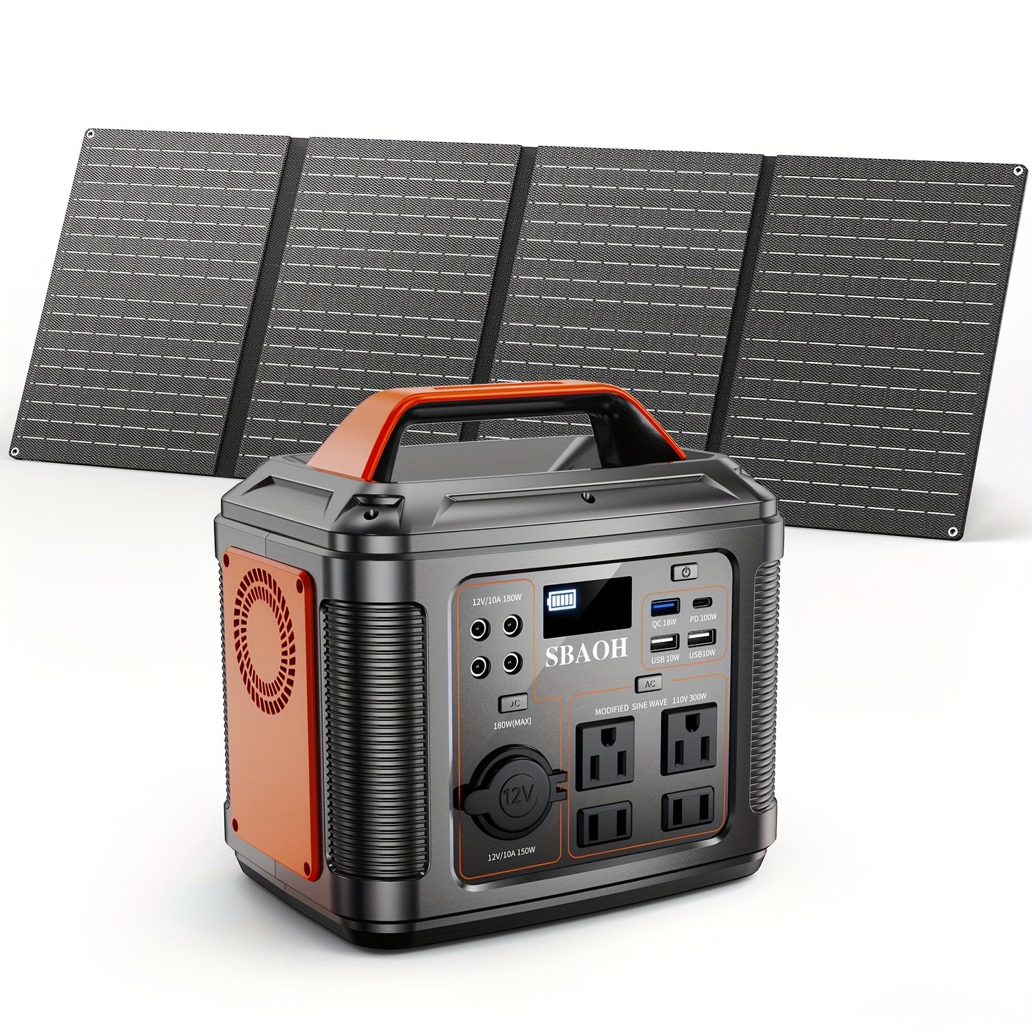 SBAOH 300W行動式發電機 296Wh 8000mAh太陽能發電機及60W太陽能板 帶交流直流輸出/快速充電/手電筒/房車/應急備用/露營功能 橙色款