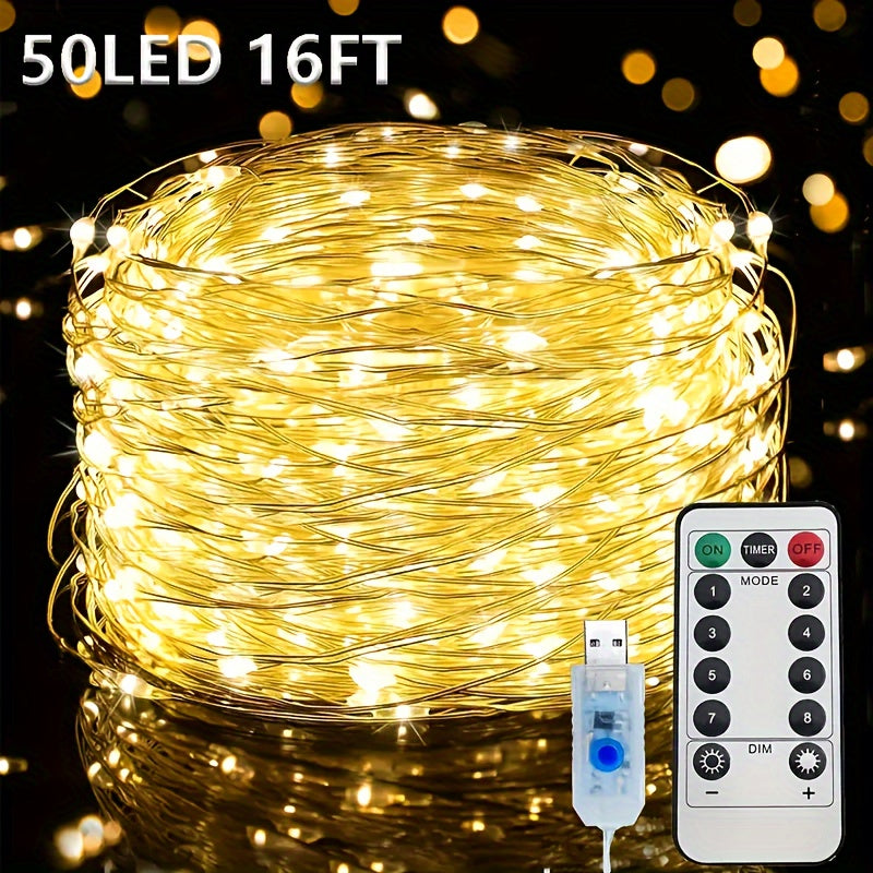 USB灯串 | 66FT 200LED, 33Ft 100 LED, 16.4FT 50LED 变色银丝灯，带8种照明模式遥控器，适用于工艺品卧室天花板圣诞装饰，彩色铜丝灯，USB供电，包含纽扣电池