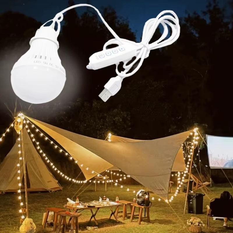 USB powered 5W/7W DC5V LED camping bulb - tri-color dimmable emergency light with hook, suitable for tents, outdoor, barbecue, fishing and repair - energy-saving portable indoor/outdoor lighting, fishing night light | portable LED bulb